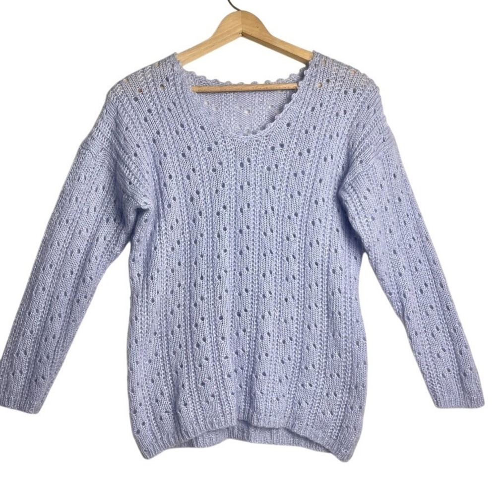 vtg open knit soft girl sweater FEELS LIKE ANGORA (NO TAG) powder purple S/M